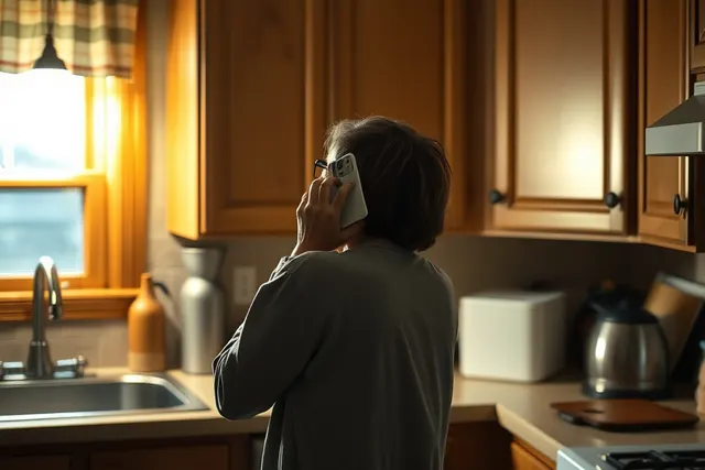 Homeowner on the phone in the kitchen at night