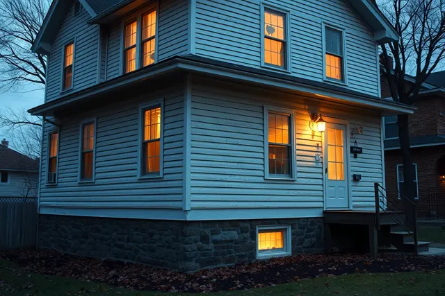 Older Ohio frame house at dusk with a gap at the base of the siding