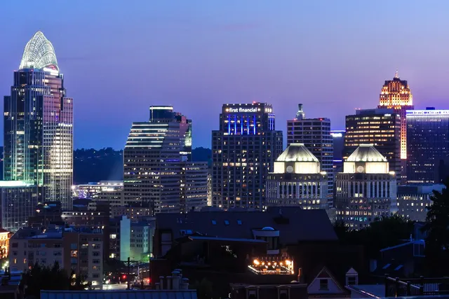 Downtown Cincinnati skyline seen from the hillside neighborhood of Mount Adams