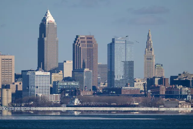Cleveland skyline across Lake Erie from Lakewood Park in winter