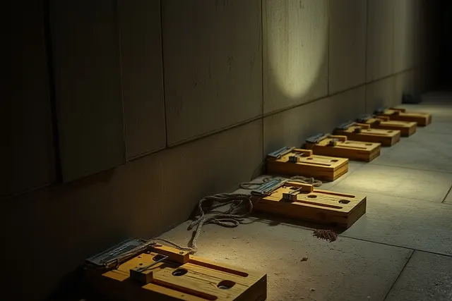 Snap traps along a basement wall